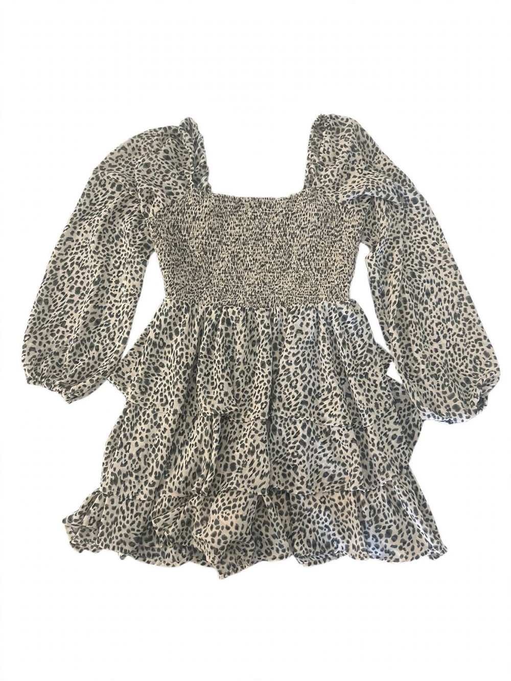 entro Cream and Black Leopard Smocked Tiered Midi Dress
